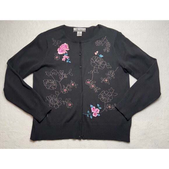 Women Nine & Company Embroidered Black Cardigan Button Sweater Medium Floral - Picture 1 of 6